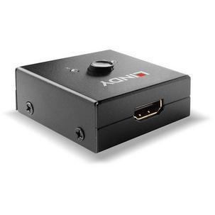 Black bidirectional HDMI switch with two ports, featuring a knob for switching, compact design, and labeled connections for UHD 3840x2160 AV compatibility.