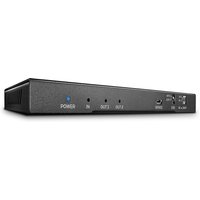 Black Lindy 2 Port HDMI 18G Splitter with LED indicators, audio ports, and downscaling features on a sleek rectangular body.