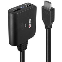 Black Lindy 2 Port HDMI 4K60 Splitter Cable with two HDMI outputs, LED indicators, and a single HDMI input connector.