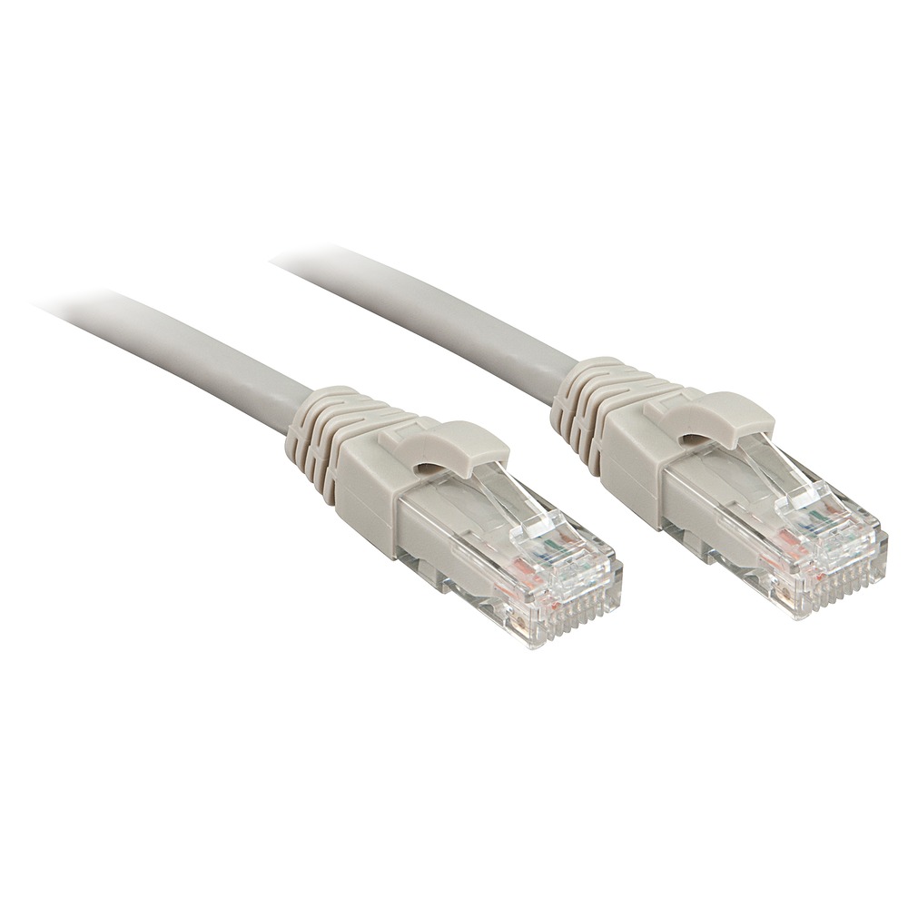 Grey 20m Cat.6 U/UTP network cable with two clear plastic connectors at each end, featuring molded strain relief for durability.