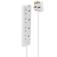 White Lindy 2m 4-way UK mains power extension with rectangular design and three-pin plug.