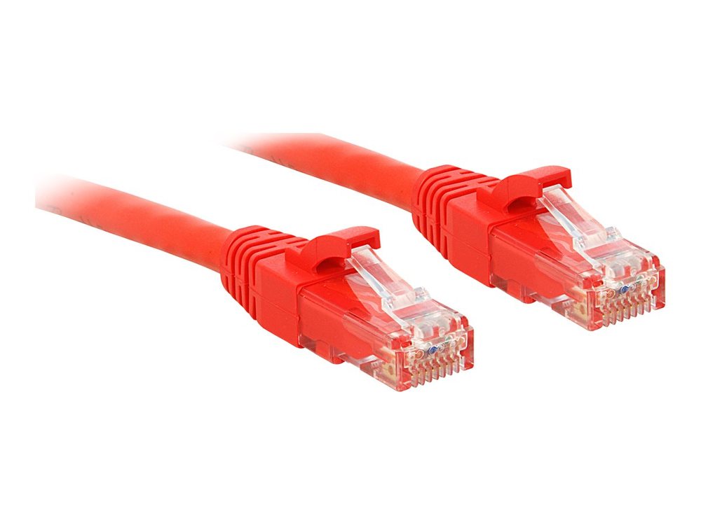 Red LINDY 48033 RJ45 network cable, CAT 6 U/UTP, 2 meters long, featuring clear plastic connectors with locking tabs at both ends.