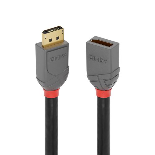 DisplayPort cable extension in anthracite black with red accents, featuring sturdy connectors and a flexible design, measuring 2.00 meters in length.