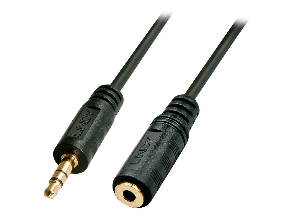Black 2m audio extension cable with a 3.5mm male jack on one end and a 3.5mm female socket on the other, featuring gold-plated connectors for enhanced audio quality.