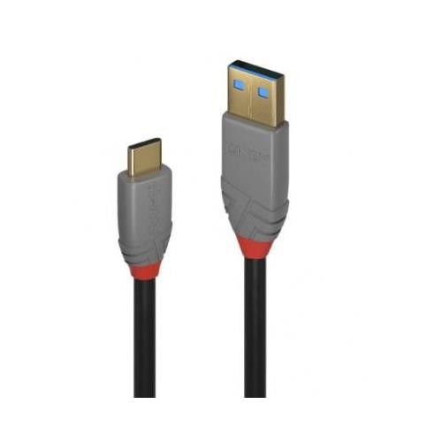 Lindy 2m USB 3.2 Type A to C cable in black with gray and red connectors, supporting 10Gbps data transfer and 5A power delivery.