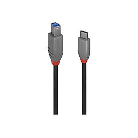 Black 2m USB cable featuring USB 3.2 Gen1 connectors, with a USB-C end and a USB-B end, highlighted by a grey and red design on the connector housings.