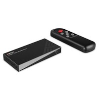 Black LINDY 38369 HDMI switch with three ports, featuring a sleek design and a remote control with red and black buttons for easy switching between devices.