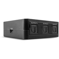 Black Lindy 3 Port Optical TosLink Audio Splitter with three labeled output ports on the front panel.