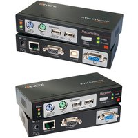 Black Lindy 300m CAT5 KVM Extender Combo with USB, VGA ports, LED indicators, and network connection interface.