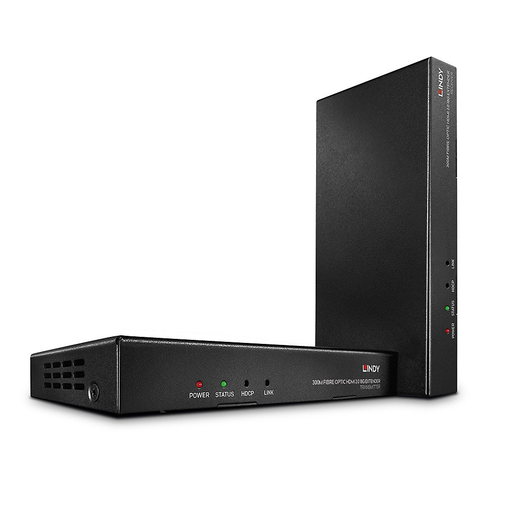 Lindy 300m Fibre Optic HDMI 18G & IR Extender in black, featuring LED indicators for power, status, and link, with a sleek, modern design and multiple connection ports.