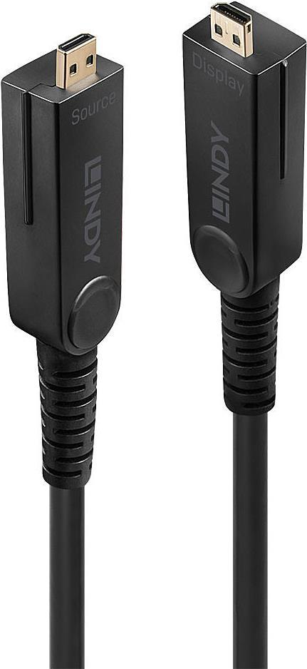 Black LINDY 38322 HDMI-Micro-D plug cable, 30 meters long, featuring durable connectors labeled "Source" and "Display," designed for 4K UHD monitors.