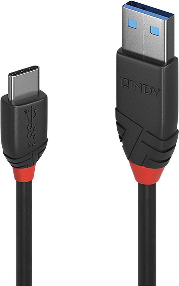 Black USB cable featuring USB 3.2 Gen 1 USB-C and USB-A connectors, with a 0.15 m length and distinctive red accents on the connector housing.