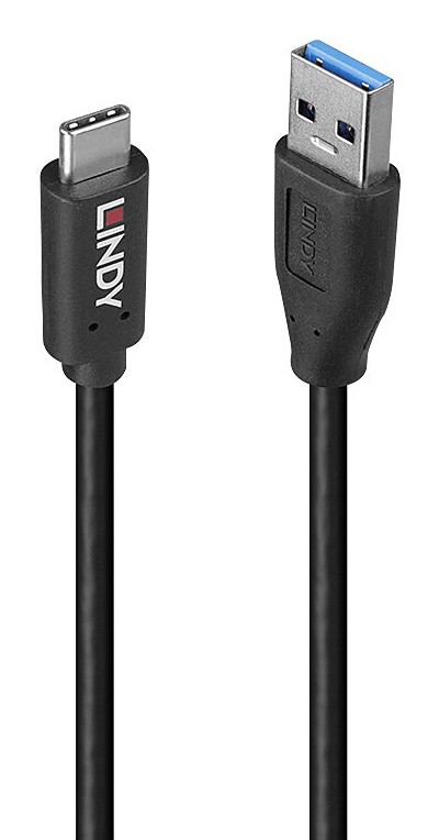 Black USB cable featuring USB 3.2 Gen 2 (3.1 Gen 2) connectors, with one end USB-A and the other USB-C, measuring 1.5 meters in length, branded with Lindy logo.