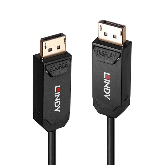 Black 20m DisplayPort cable featuring gold-plated connectors labeled "SOURCE" and "DISPLAY," with a sturdy plastic casing and the Lindy logo prominently displayed.
