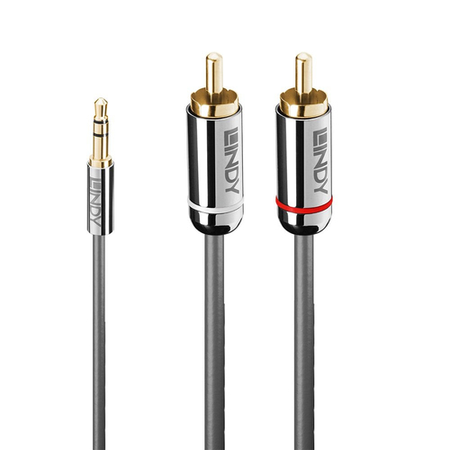 Lindy 3m audio cable featuring a 3.5mm jack on one end and dual phono connectors on the other, with a sleek black cable and gold-plated connectors for optimal sound quality.