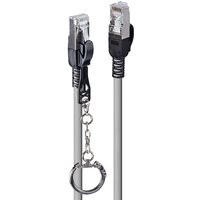 Grey Lindy 3m Cat.6A S/FTP locking network cable with metal connectors and attached keyring chain.