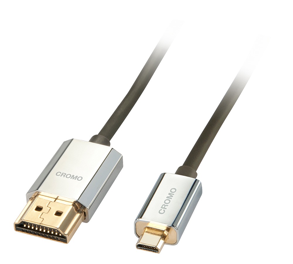 Lindy 3m CROMO Slim Active High Speed HDMI 2.0 a/D cable with Ethernet, featuring a sleek black cable and metallic connectors with a polished finish.