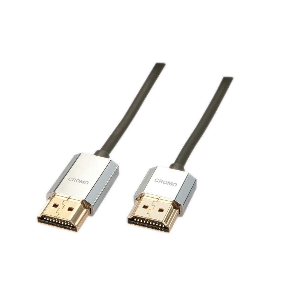 Lindy 3m CROMO Slim High Speed HDMI Cable with Ethernet featuring sleek silver connectors and a flexible black cable for high-speed data transmission.