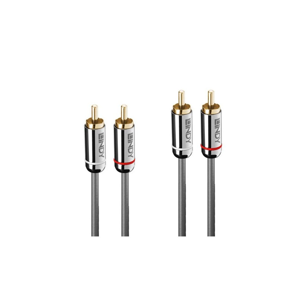 RCA audio/phono cable featuring two gold-plated RCA plugs with red and white accents, encased in a durable anthracite-colored cable, measuring 3 meters in length.