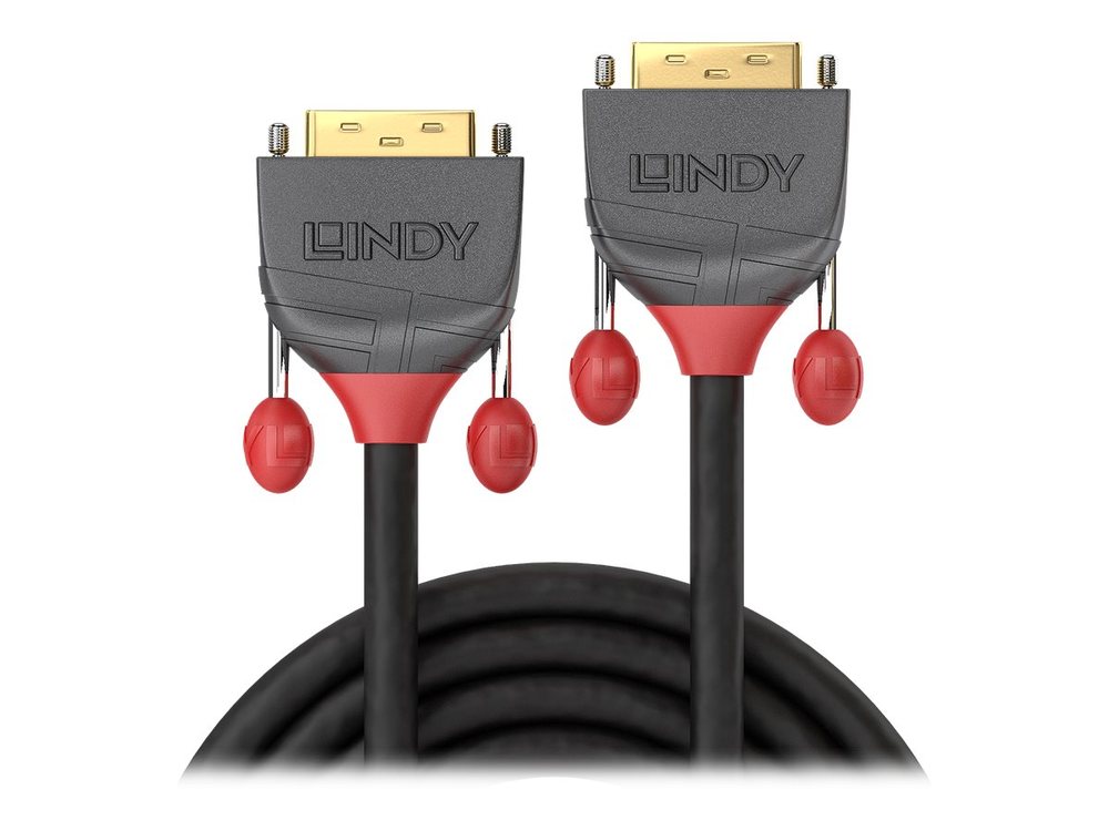 Lindy 3m DVI-D Dual Link Cable in black with red accents, featuring durable connectors with protective caps, designed for high-quality video transmission.