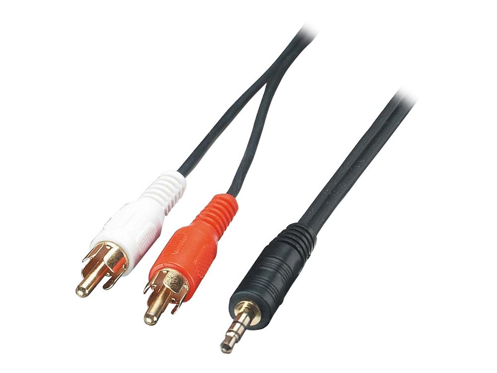 Premium 3m phono to 3.5mm cable featuring red and white RCA connectors and a black 3.5mm jack, designed for high-quality audio connections.
