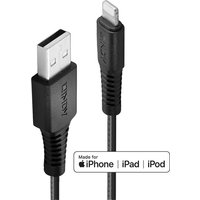 Black Lindy 3m USB Type A to Lightning cable with reinforced connectors for iPhone, iPad, iPod compatibility.