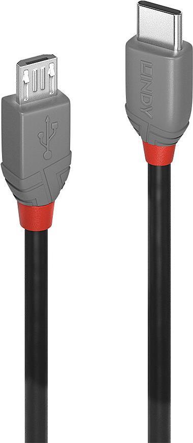 Black 3m USB 2.0 cable featuring a USB-C connector on one end and a Micro-B connector on the other, with gray and red accents on the connectors.