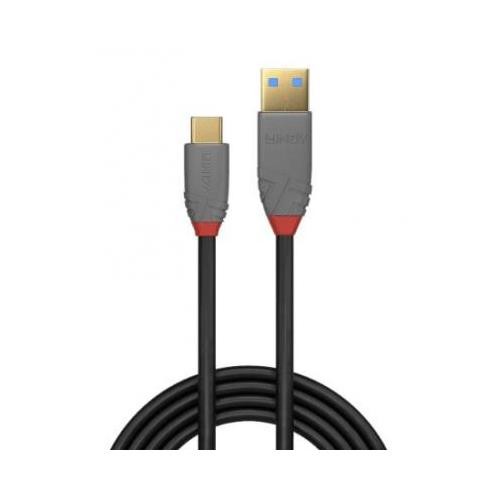 Lindy 3m USB 3.2 Type A to C cable in black with gray connectors, featuring a red accent, supports 5A power delivery, ideal for fast data transfer and charging.