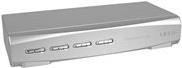 Silver metal KVM switch with four DVI-I ports on the front, designed for connecting multiple computers, featuring a sleek, compact design.