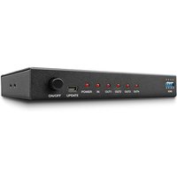 Black Lindy 4 Port HDMI 10.2G Splitter with LED indicators, power switch, and USB update port.