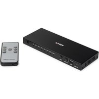 Black Lindy 4 Port HDMI 8K60 Switch with eARC, slim design, multiple buttons, and remote control included.