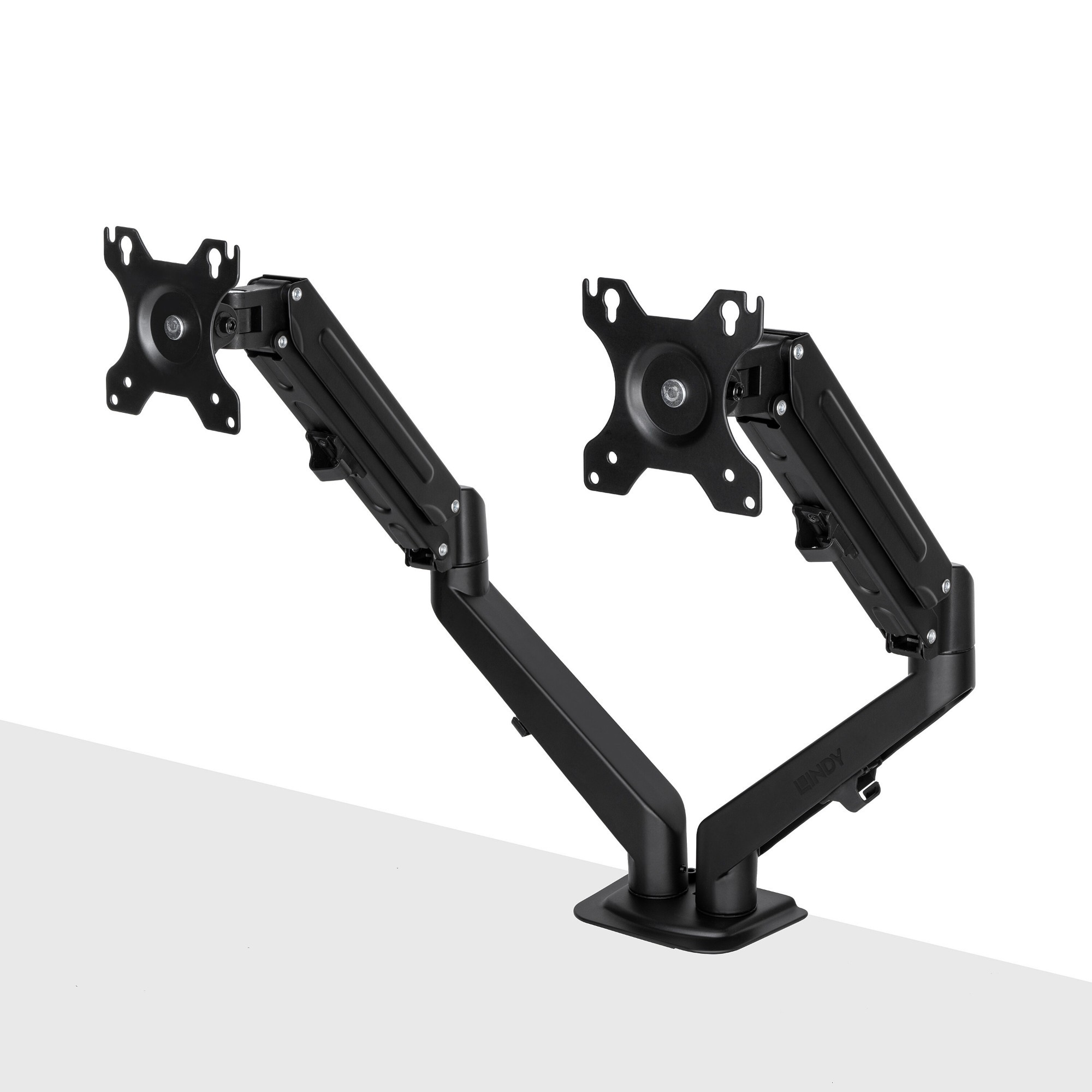 Black dual monitor mount with adjustable arms, designed for 27-inch screens, featuring VESA mounts and a sturdy base for desk installation.