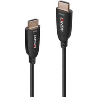 Black Lindy 40m Fibre Optic Hybrid HDMI 8K60 Cable with gold connectors and red Lindy logo on each end.