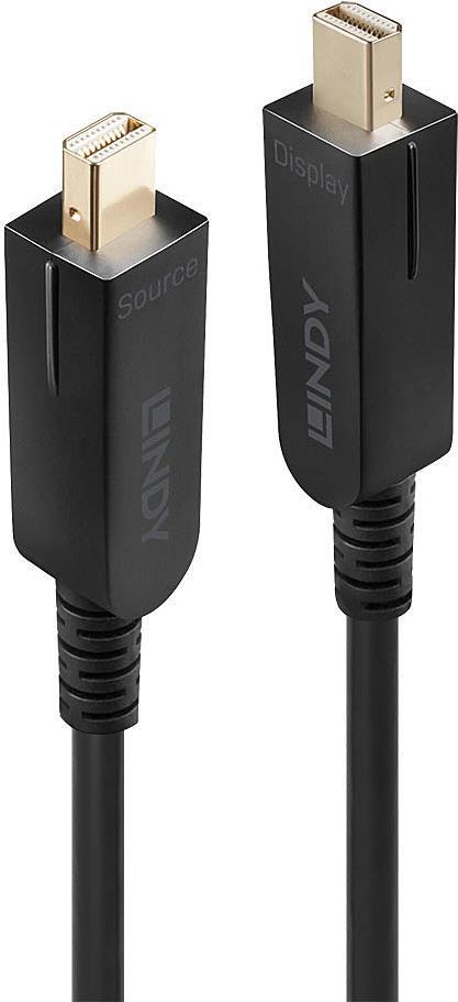 Black 40m Fibre Optic Hybrid Mini DisplayPort 1.4 cable with detachable connectors, featuring gold-plated ends and labeled "Source" and "Display."