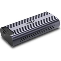 Grey Lindy M.2 SSD enclosure with ribbed design, USB-C port, and ventilation slots on the sides.