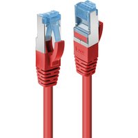 Red Lindy 1.5m Cat6a S/FTP networking cable with silver connectors and blue clips
