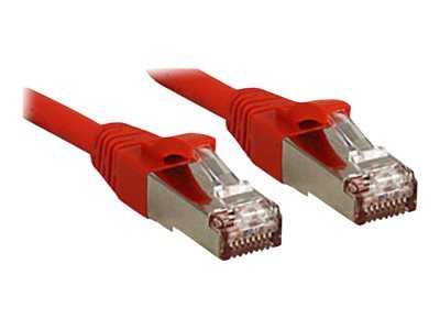 Red CAT 6 S/FTP network cable measuring 2.00 meters, featuring clear plastic connectors with metal shielding on both ends.