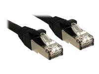 Black LINDY 47176 RJ45 Network Cable CAT 6 S/FTP, 0.50 meters long, featuring two clear plastic connectors with gold-plated pins on each end.