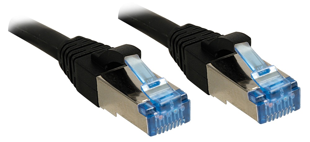Black 15-meter Cat6a S/FTP networking cable by Lindy, featuring sturdy connectors with transparent blue clips on both ends.