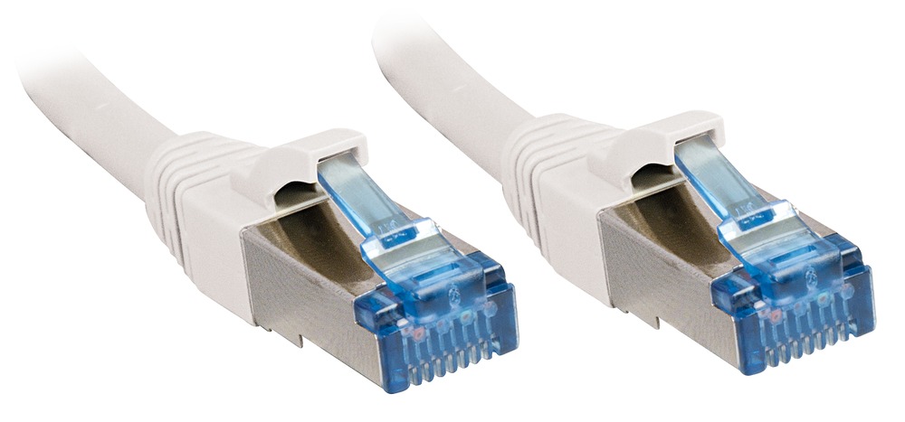 White 3-meter Cat6a S/FTP networking cable with blue plastic connectors on both ends, featuring metal shielding for enhanced performance.