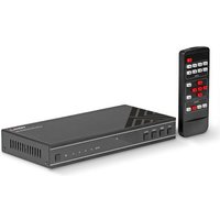 Black Lindy 4x1 4K60 HDMI switch with seamless multiview, sleek design, front buttons, and remote control.