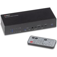 Black Lindy 4x2 HDMI 4K60 Matrix with multiple input/output ports, LED indicators, and a gray remote control.