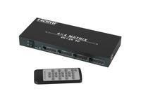 Lindy 4x4 HDMI 4K60 Matrix in black metal, featuring four HDMI input and output ports, with a remote control displaying buttons for easy operation.