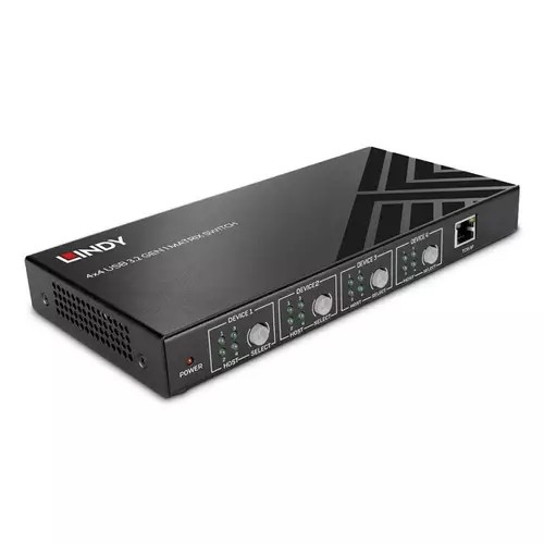 Lindy 4x4 USB 3.2 Gen 1 Matrix Switch in black metal, featuring four USB input ports, selection knobs, and an Ethernet port, with a sleek design and logo on the top.