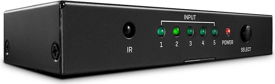 Black HDMI switch with five input ports, green LED indicator lights, a power button, and an infrared receiver, designed for 3840x2160p resolution, includes remote control.