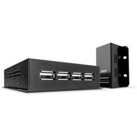 Black Lindy 4 Port USB 2.0 Cat.6 Extender with metal casing and ventilation slots.