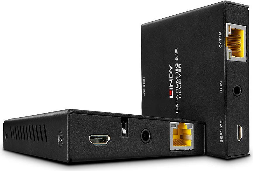 Black HDMI extender with RJ45 ports, labeled "LINDY," featuring an HDMI input, IR input, and a service port, designed for 50m network cable connections.