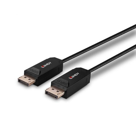 Black LINDY 38525 DisplayPort cable, 50 meters long, featuring sturdy connectors with clear branding on each end, designed for connecting monitors.