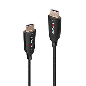 Black 50m HDMI cable featuring gold-plated connectors, labeled with "LINDY" logo, designed for 8K UHD compatibility with HDMI-a plugs on both ends.