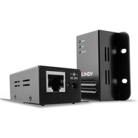 Black Lindy 50m USB 2.0 Cat.6 Extender with Ethernet ports and LED indicators on rectangular metal casing.